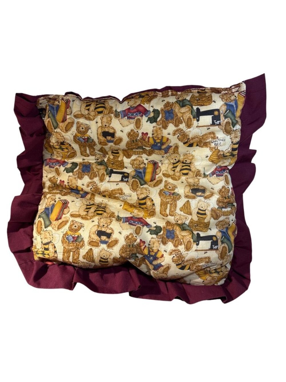 Quilted Throw Pillow Rocking Chair Quilting Bee Bear Print Ruffle 16 X 17.5"